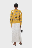 Mustard zebra metal button puff sleeved cardigan_5