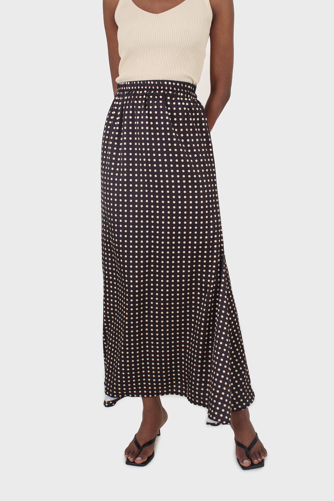 Black and beige polka dot elasticated waistband maxi skirt_1