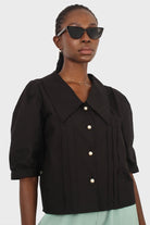 Black large collar pleated 3/4 sleeve pearl button blouse_6