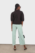 Black large collar pleated 3/4 sleeve pearl button blouse_8