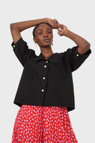 Black large collar pleated 3/4 sleeve pearl button blouse_14