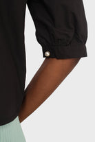 Black large collar pleated 3/4 sleeve pearl button blouse_4
