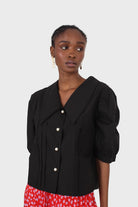 Black large collar pleated 3/4 sleeve pearl button blouse_16
