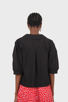 Black large collar pleated 3/4 sleeve pearl button blouse_13