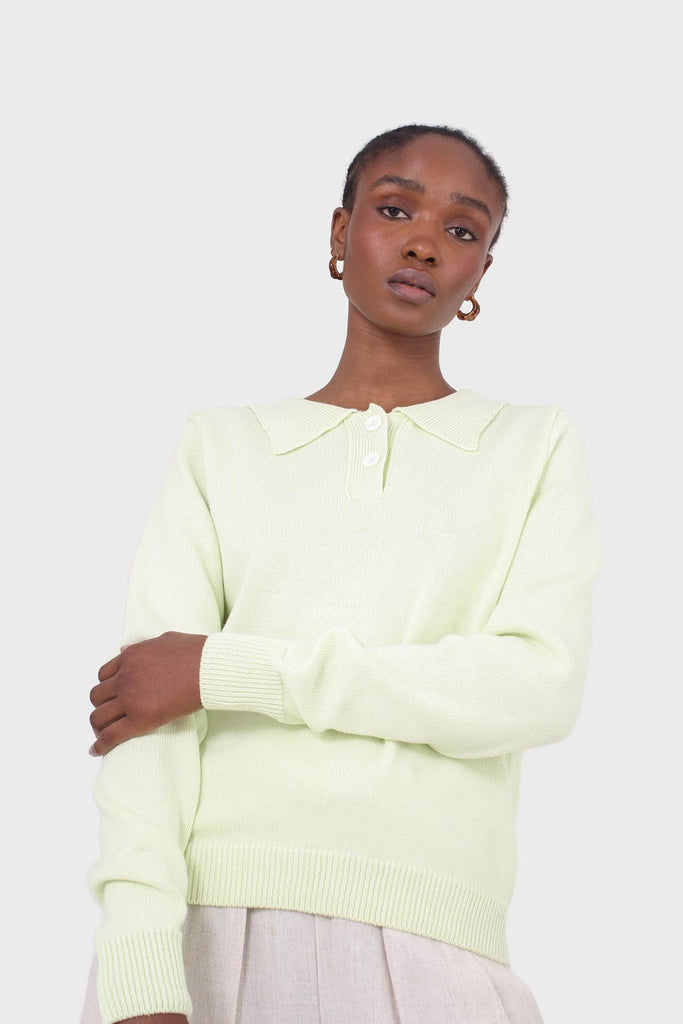Lime green knit polo long sleeved top_1