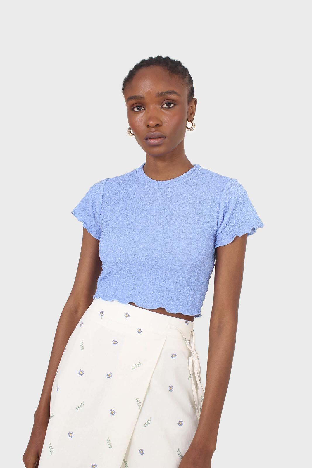 Blue shirring crew neck tee_1