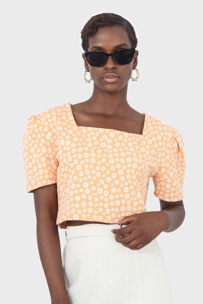 Orange daisies square neckline puff sleeve cropped top_1