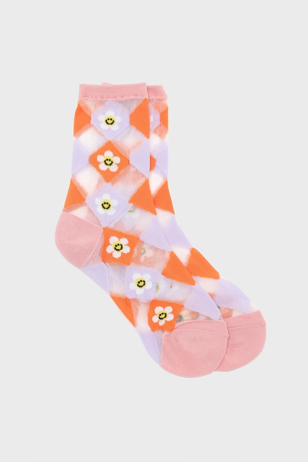 Orange and white diamond smily daisy sheer socks_1