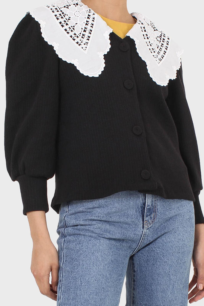 Black and ivory detachable lace collar cardigan_8