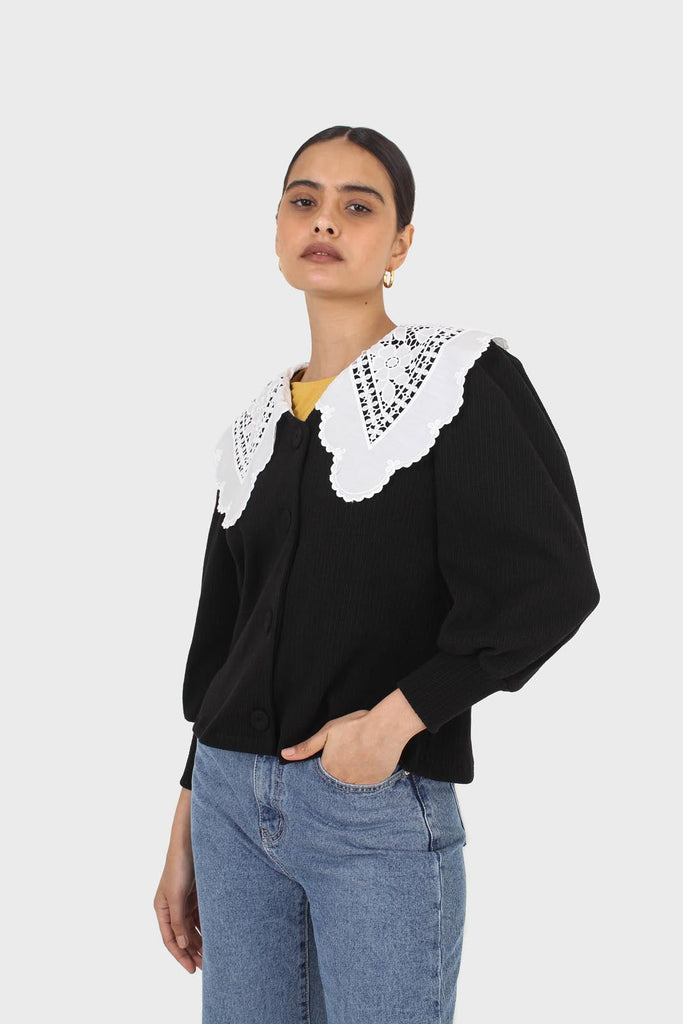 Black and ivory detachable lace collar cardigan_6