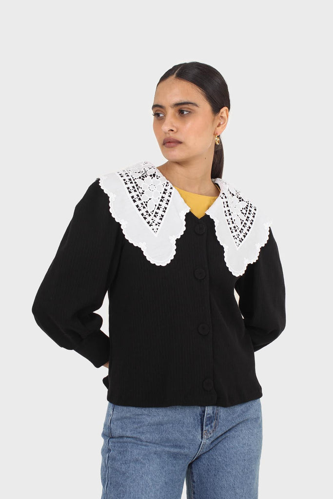 Black and ivory detachable lace collar cardigan_1