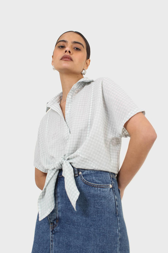 Mint and ivory gingham tie front shirt_7
