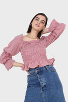 Red and white gingham ruched blouse_8