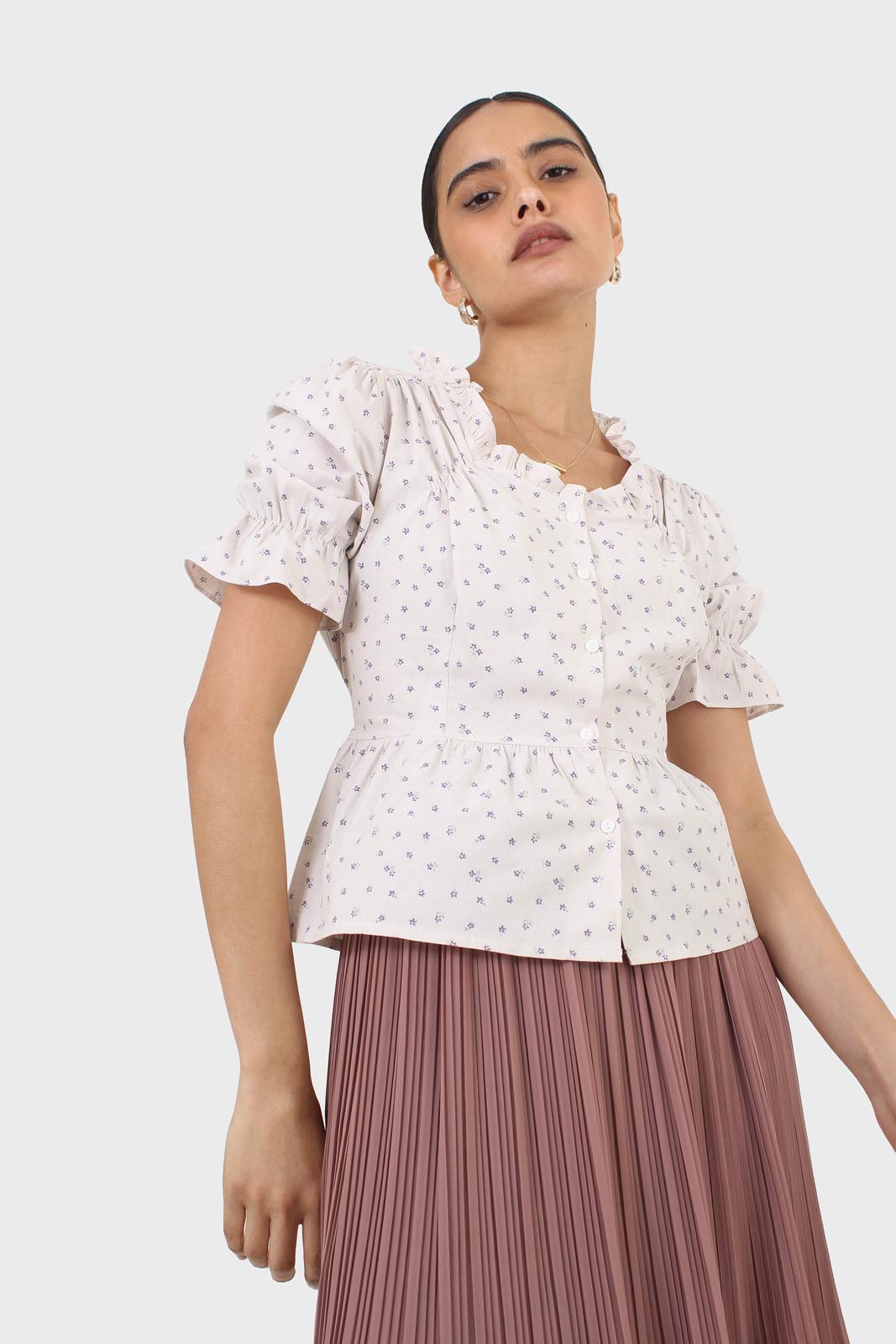 Oatmeal and lilac tiny flower print peasant blouse_8