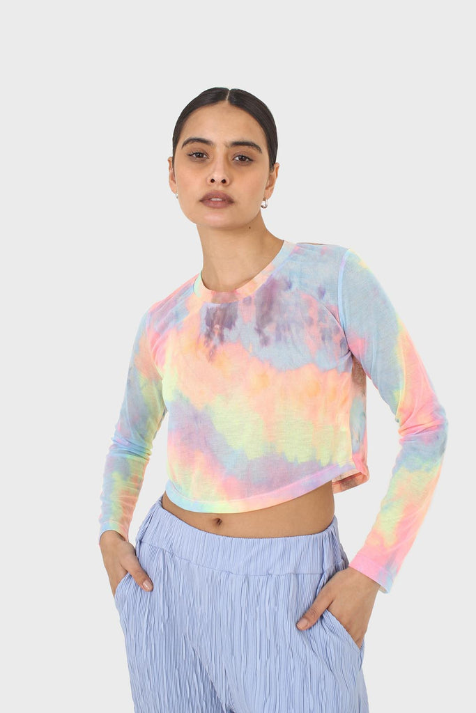 Pink blue and yellow tie dye mesh long sleeved top_1