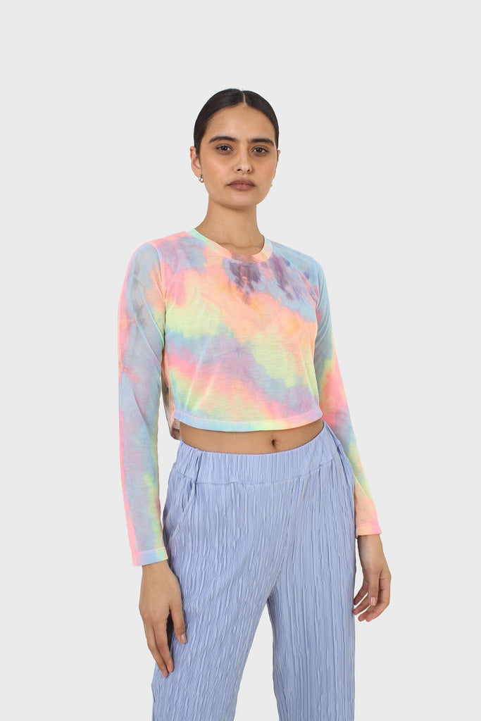 Pink blue and yellow tie dye mesh long sleeved top_5