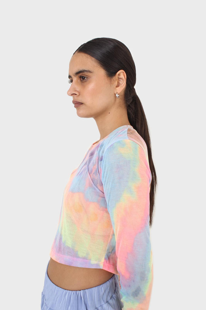 Pink blue and yellow tie dye mesh long sleeved top_4