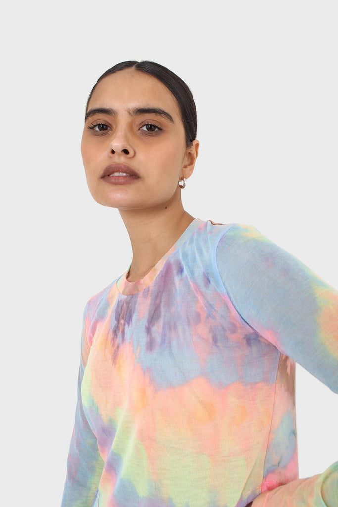 Pink blue and yellow tie dye mesh long sleeved top_2