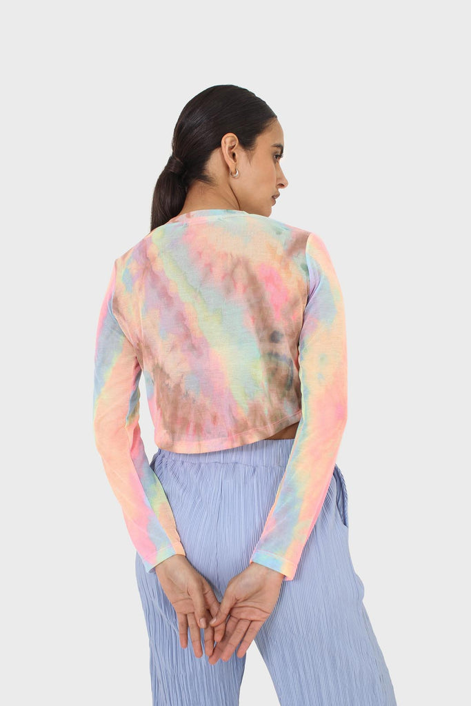 Pink blue and yellow tie dye mesh long sleeved top_3