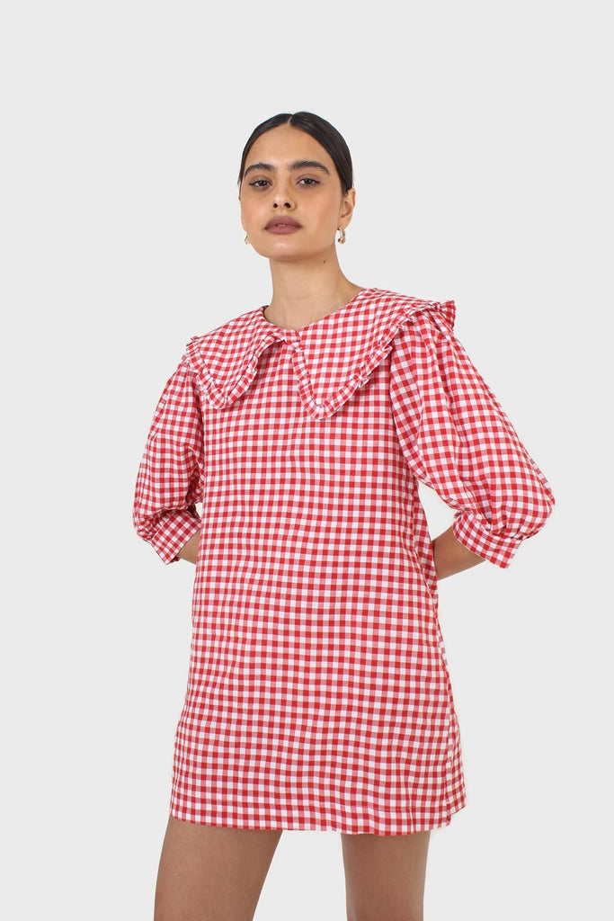 Red and ivory gingham large collar mini dress_11