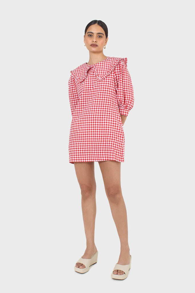 Red and ivory gingham large collar mini dress_5