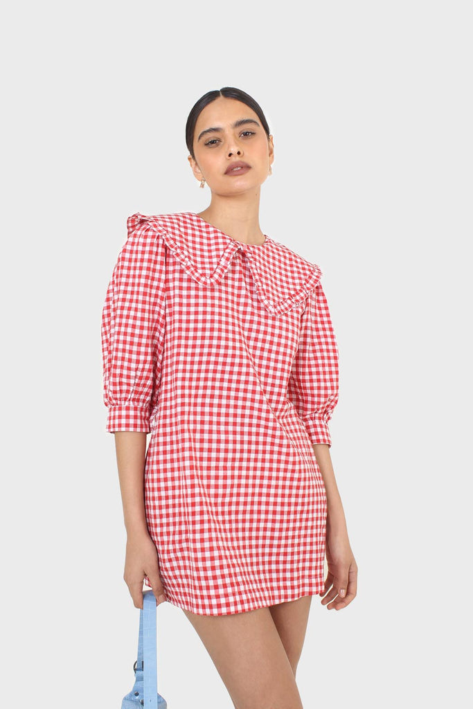 Red and ivory gingham large collar mini dress_9