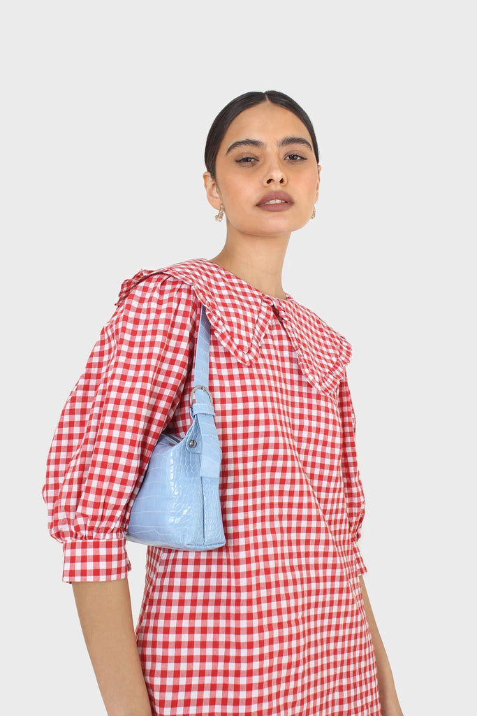 Red and ivory gingham large collar mini dress_8