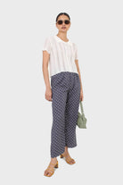 Blue and ivory polka dot loose fit silky trousers_6