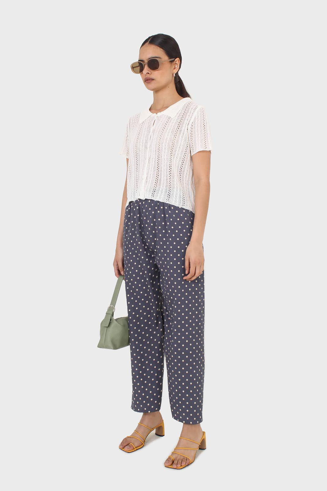 Blue and ivory polka dot loose fit silky trousers_4