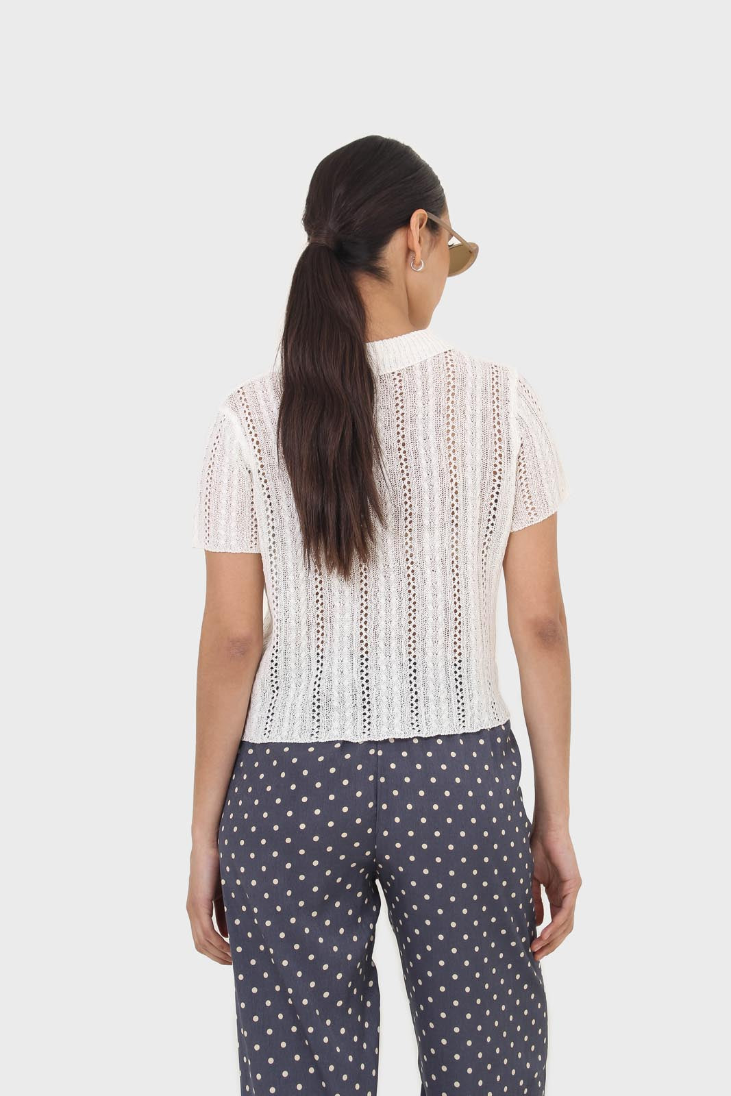 Blue and ivory polka dot loose fit silky trousers_8
