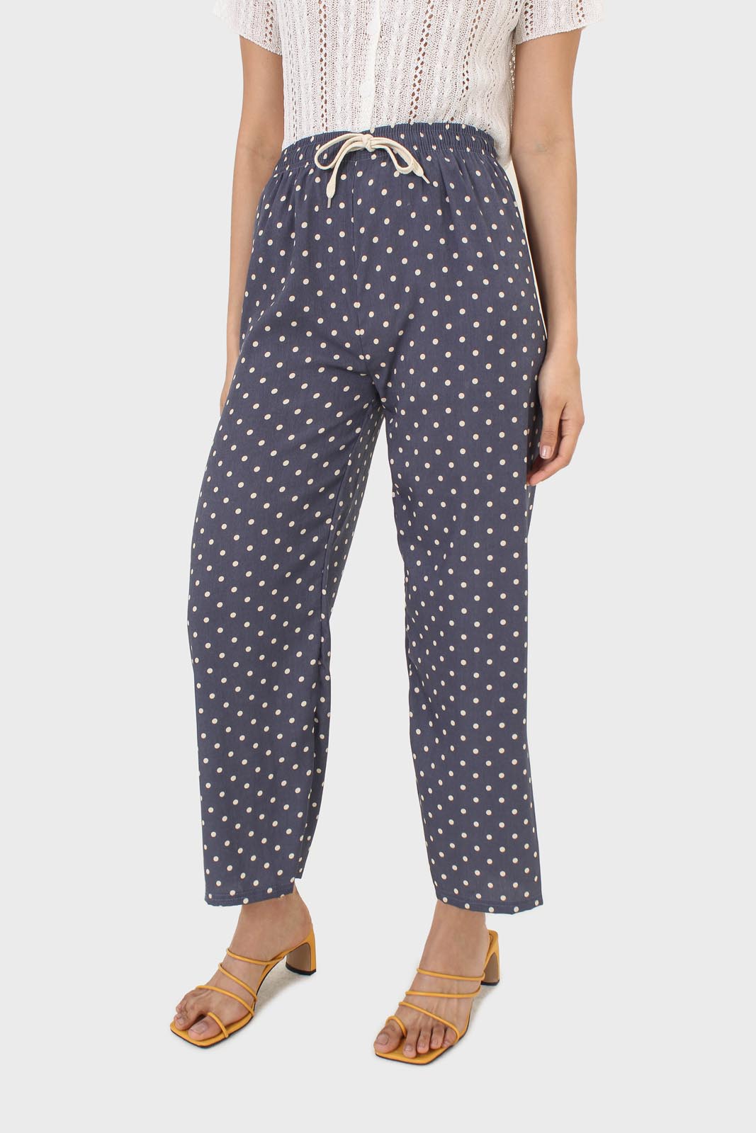 Blue and ivory polka dot loose fit silky trousers_1