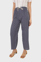 Blue and ivory polka dot loose fit silky trousers_1