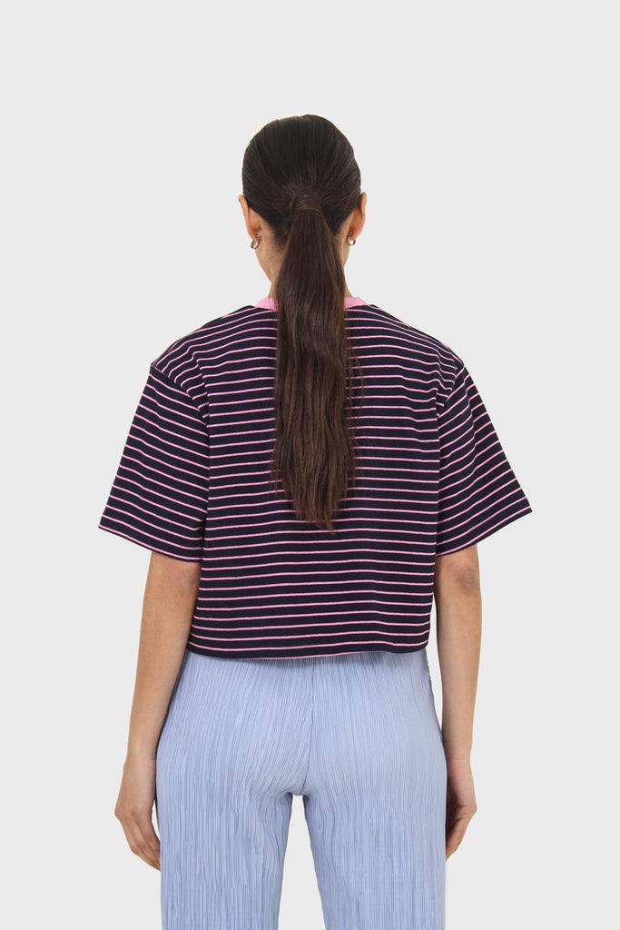 Pink and navy striped contrast binding cropped tee_2