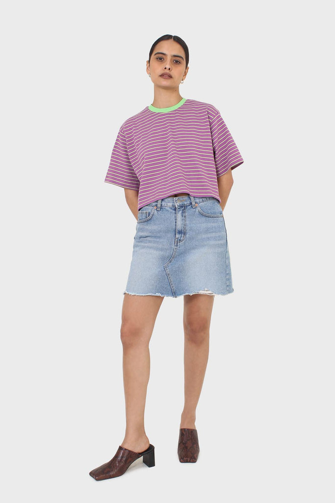 Purple and mint striped contrast binding cropped tee_3