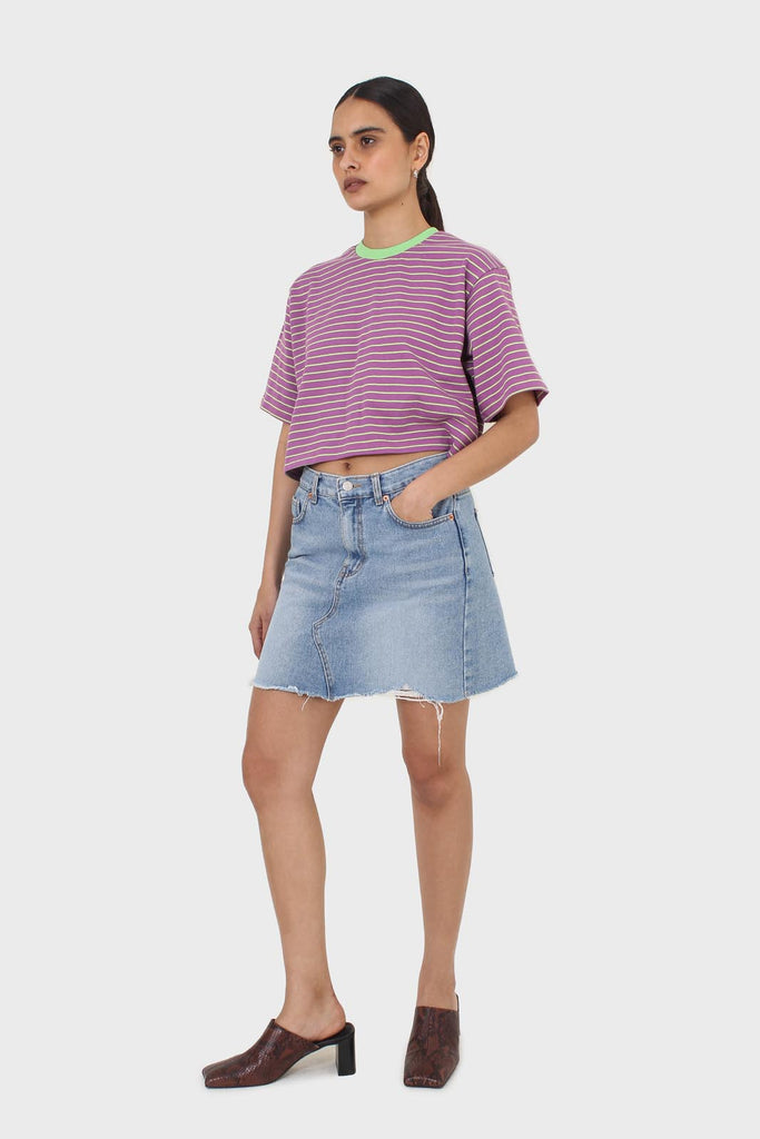Purple and mint striped contrast binding cropped tee_4