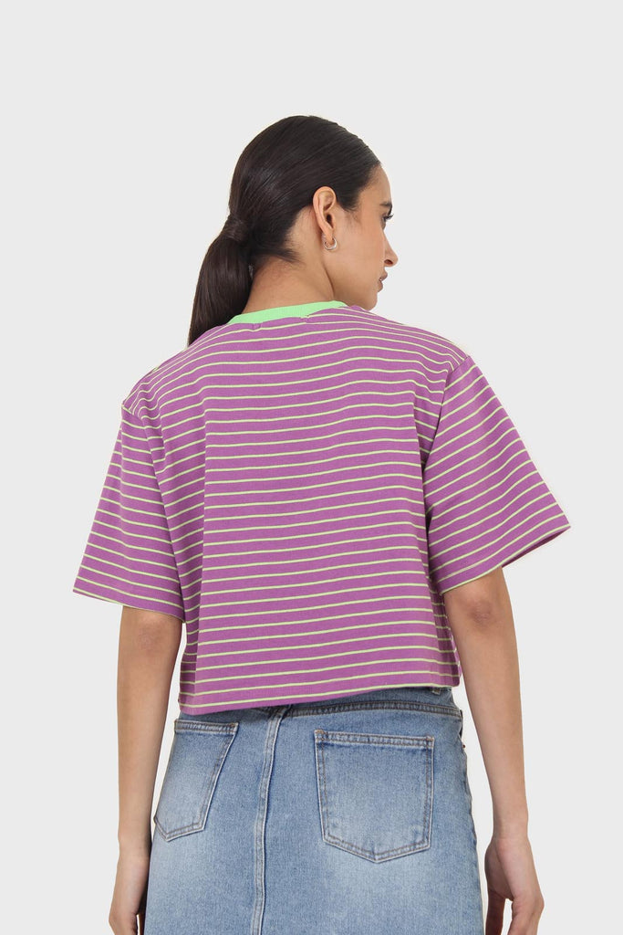 Purple and mint striped contrast binding cropped tee_2