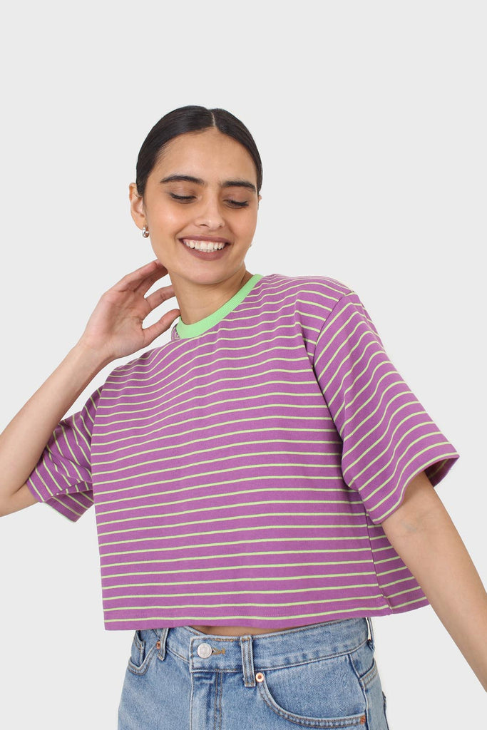 Purple and mint striped contrast binding cropped tee_6