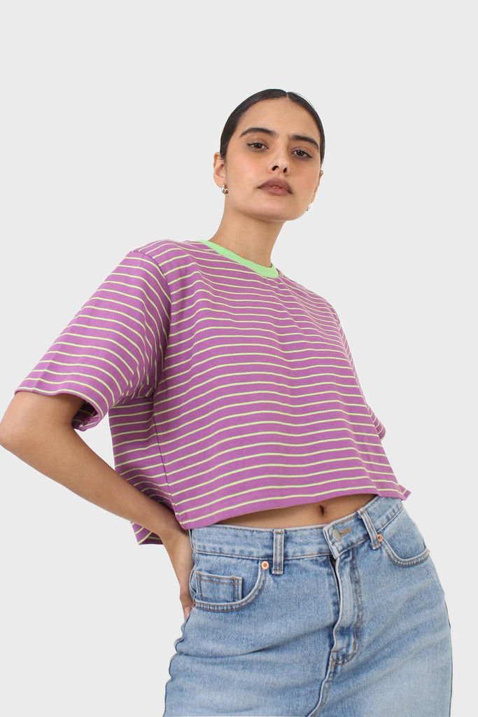 Purple and mint striped contrast binding cropped tee_7
