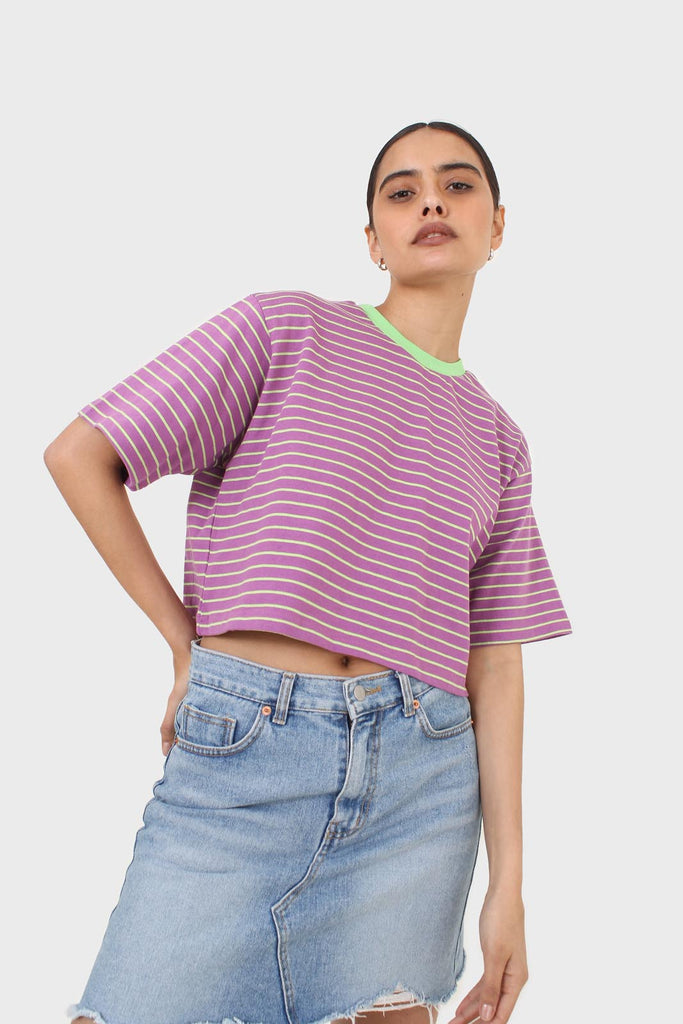 Purple and mint striped contrast binding cropped tee_1