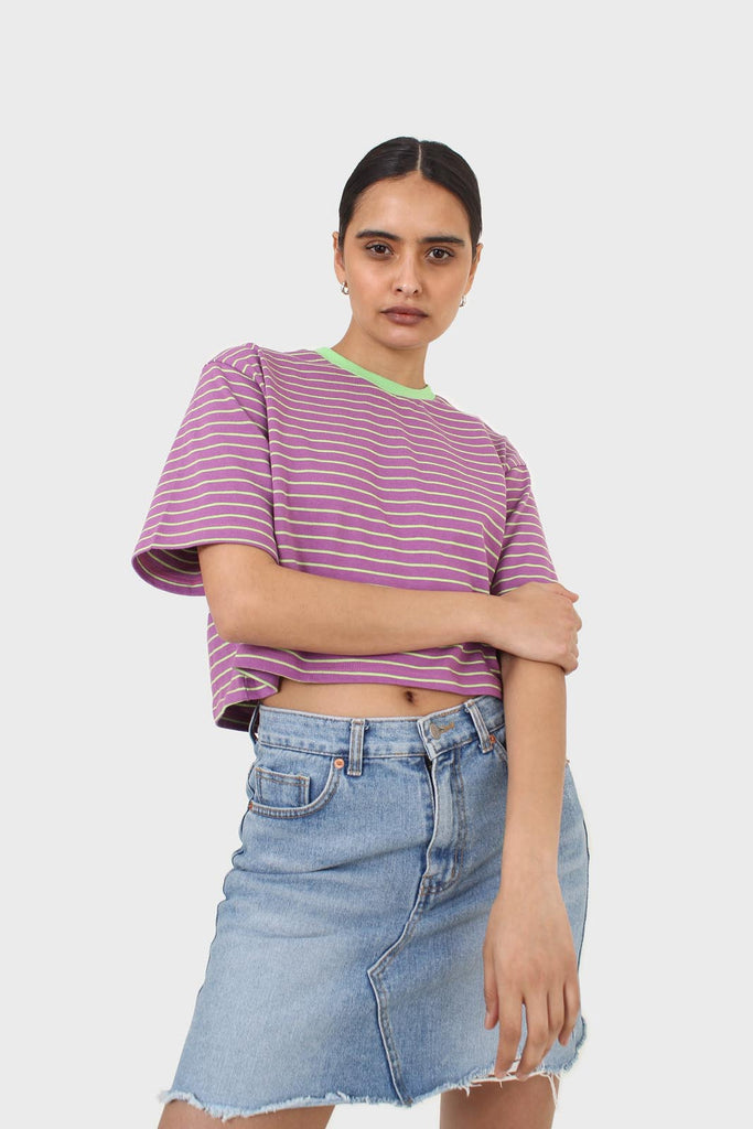 Purple and mint striped contrast binding cropped tee_8