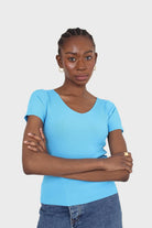 Cobalt blue V neck short sleeved knit top_5