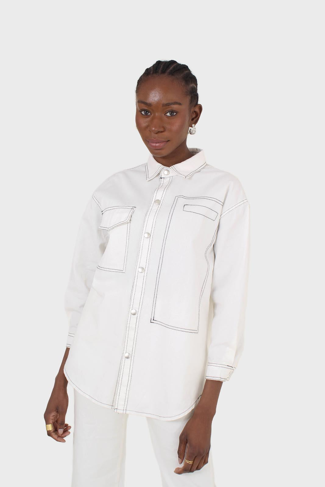 Ivory and black contrast stitch metal button shirt_7