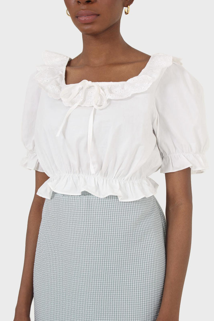 Ivory cropped puff sleeved broderie anglaise trim top_10
