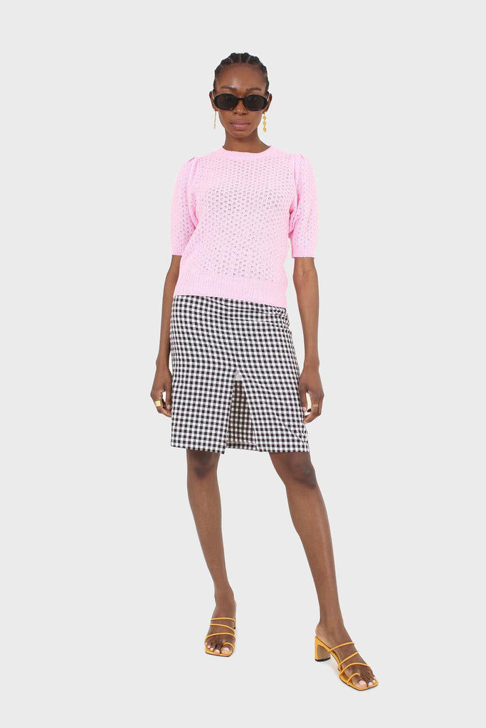 Hot pink textured knitted short sleeve top_3