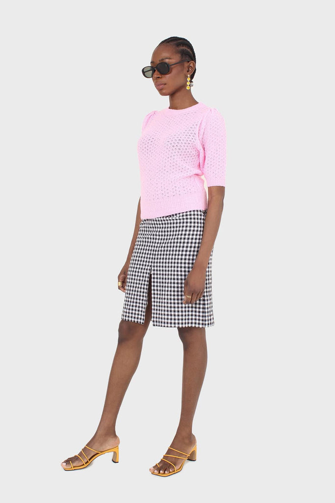 Hot pink textured knitted short sleeve top_4