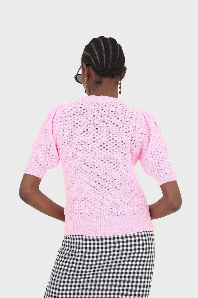 Hot pink textured knitted short sleeve top_2