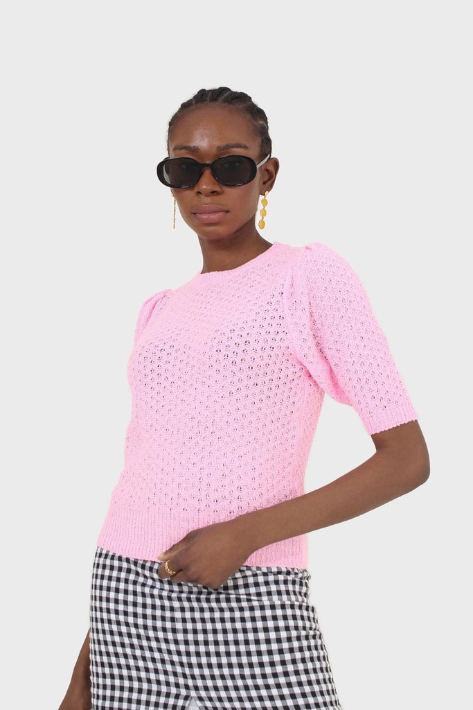Hot pink textured knitted short sleeve top_8