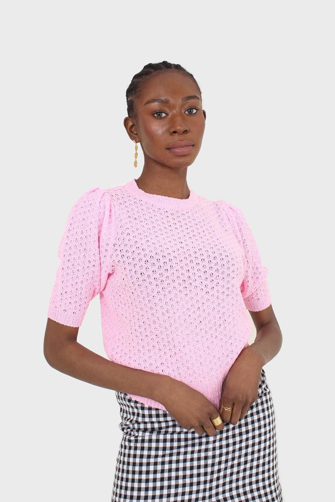 Hot pink textured knitted short sleeve top_1