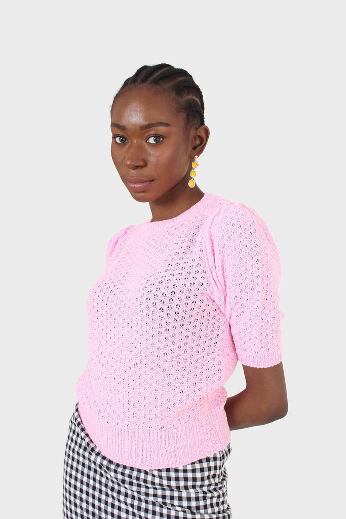 Hot pink textured knitted short sleeve top_7