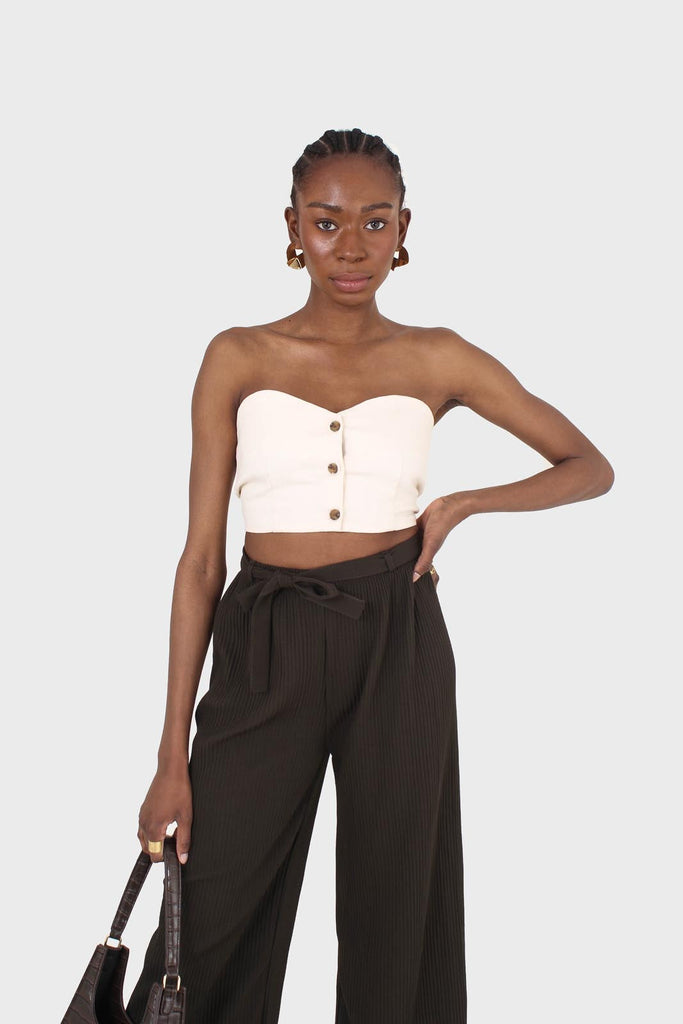 Khaki tie waist ribbed wide leg loose fit trousers_9